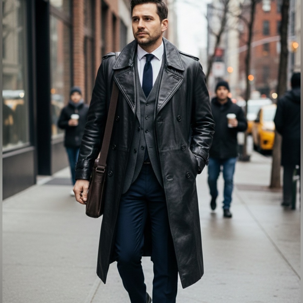 Men's Black genuine Leather Trench Coat size 44
